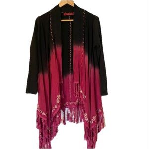 Tigerlily Duster Open Cardigan Embroidered Fringe Black Maroon S